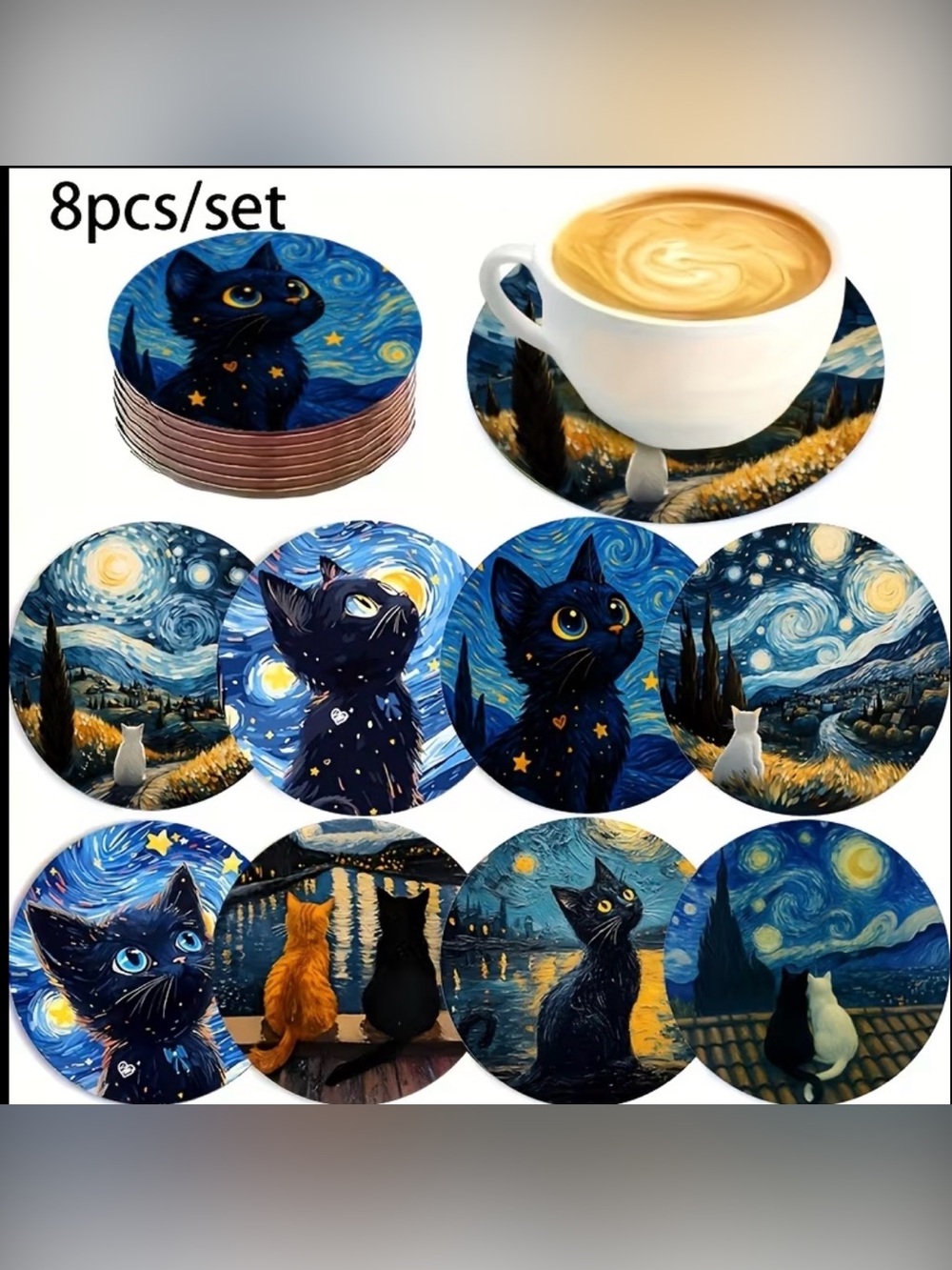 {NEW} "Van Gogh" Starry Night Cat Round Coasters - Set of 8